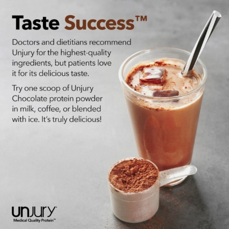 Promotional image of Unjury chocolate protein powder with a glass of iced coffee.