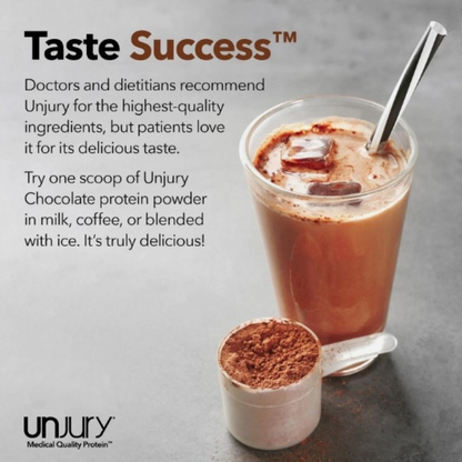 Promotional image of Unjury chocolate protein powder with a glass of iced coffee.