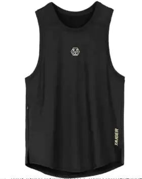 Black sleeveless shirt with a logo on a white background
