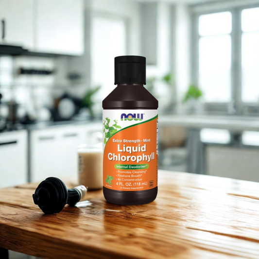 Bottle of Liquid Chlorophyll on a kitchen counter