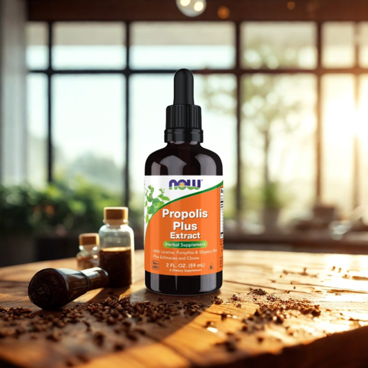 Bottle of NOW Propolis Plus Extract on a wooden surface with a blurred indoor background