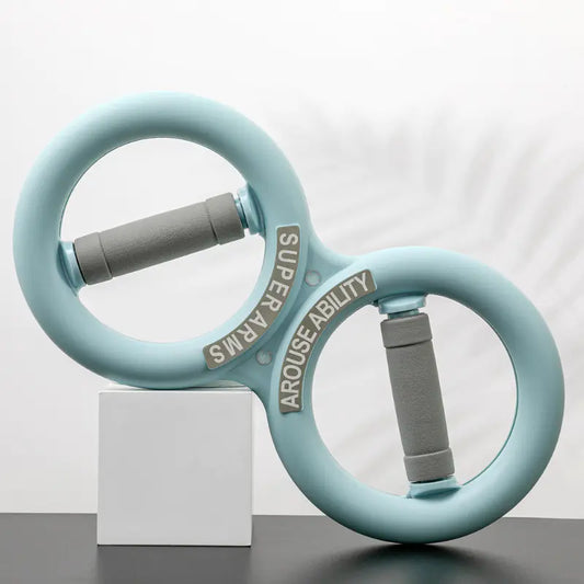 Light blue arm exercise rings with gray handles on a white background