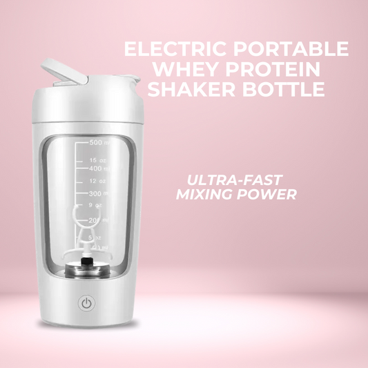 Electric portable whey protein shaker bottle with measurement scale on a pink background