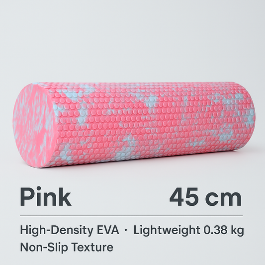 Pink foam roller with text detailing its features on a light gray background