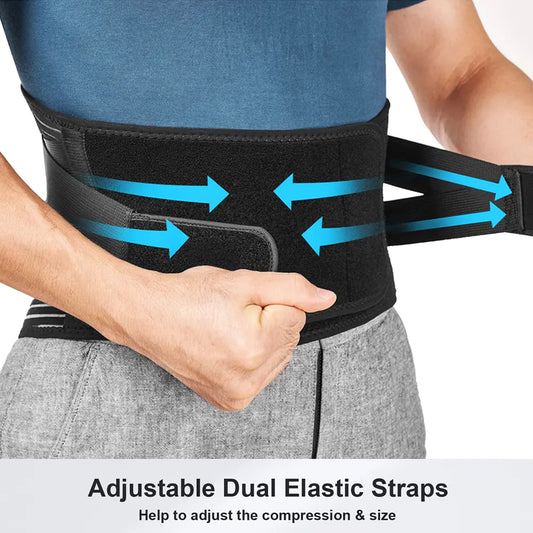 Person wearing a black waist support belt with adjustable dual elastic straps on a white background.