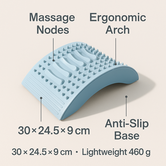Blue foot massager with labeled features on a beige background