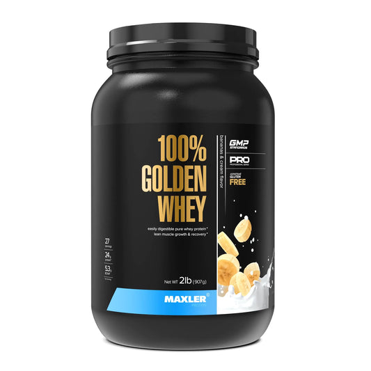 Black container of 100% Golden Whey protein powder with MAXLER branding on a white background