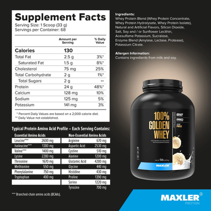 Maxler 100% Golden Whey protein supplement with nutritional facts and ingredients list.