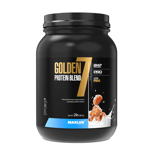 Black container of Golden 7 Protein Blend with Maxler branding on a white background