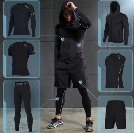 Person wearing a black athletic outfit with various pieces displayed around them.