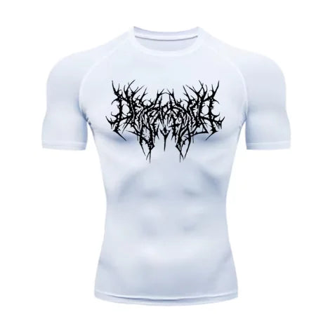 White t-shirt with black graphic design on a white background