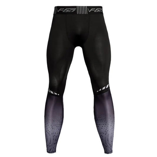 Black compression leggings with gradient design and brand logo on a white background