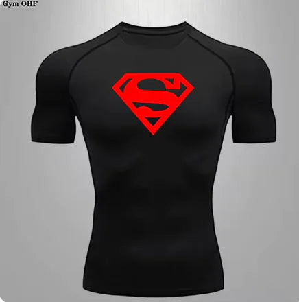 Black t-shirt with red Superman logo on a gray background