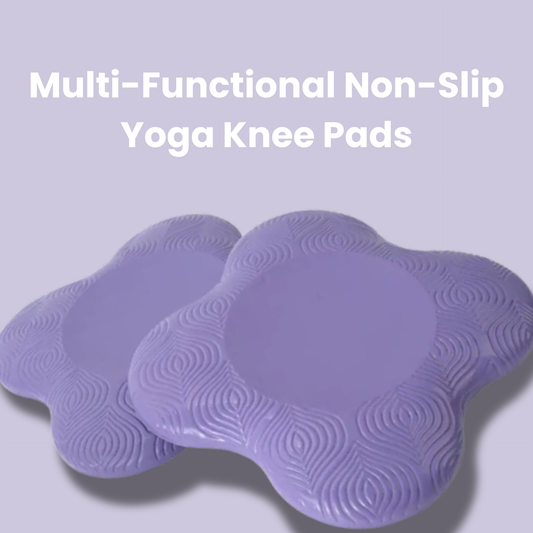 Purple multi-functional non-slip yoga knee pads on a light purple background with text.