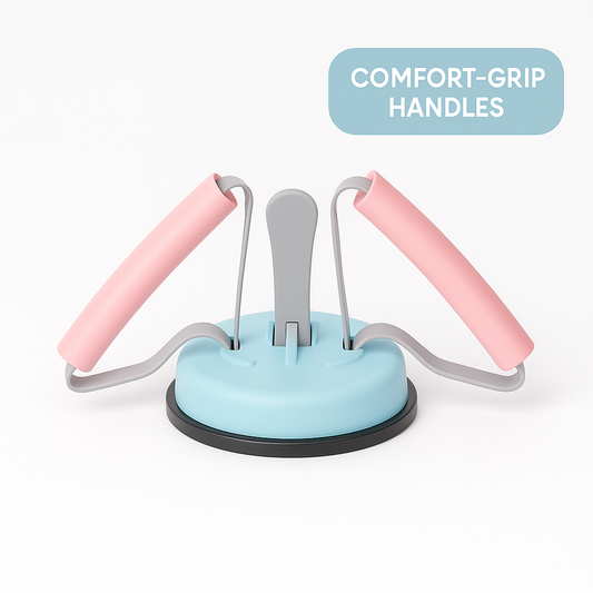 Exercise device with pink handles and a blue base on a white background