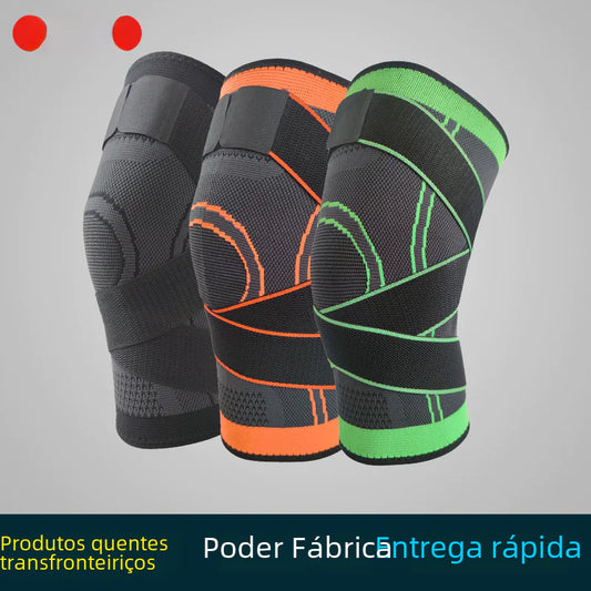 Three knee sleeves in black with orange and green accents on a gray background.