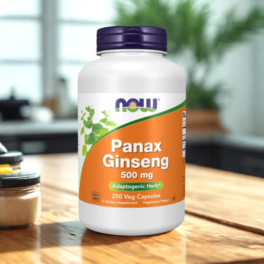 Panax Ginseng supplement bottle on a wooden table with a blurred indoor background