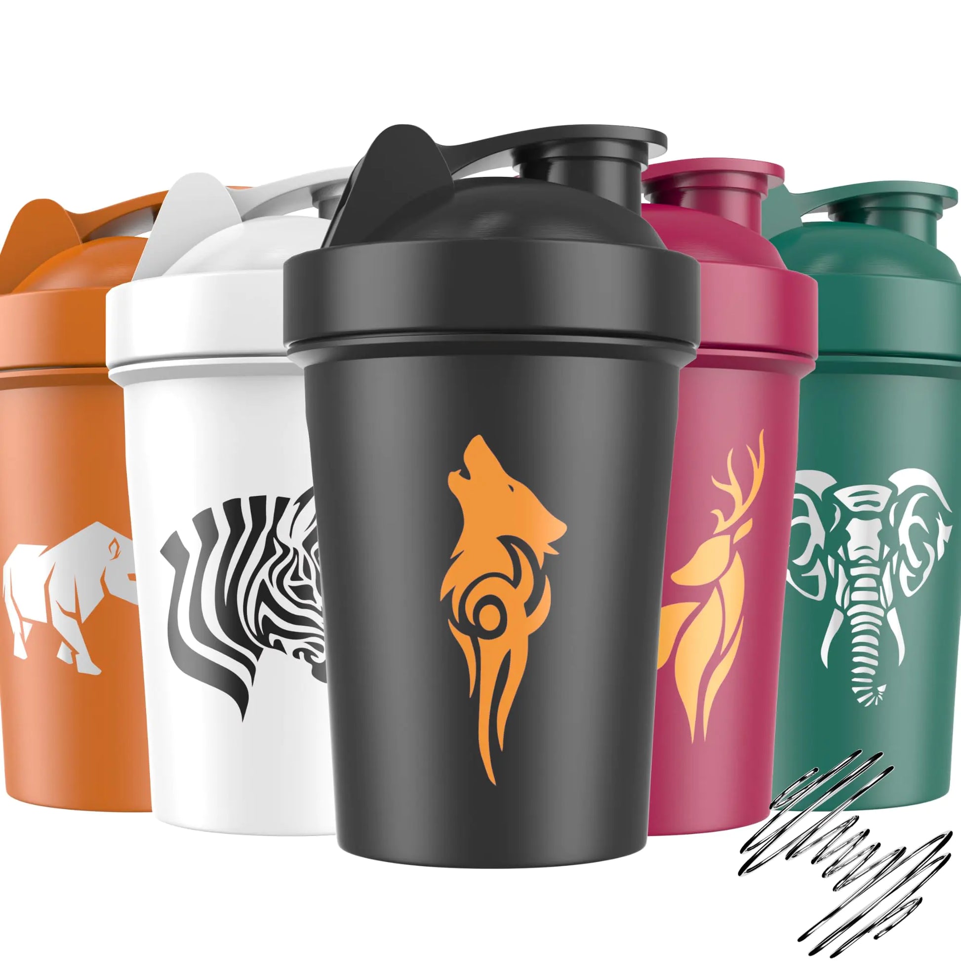 Set of colorful shaker bottles with animal-themed designs on a white background