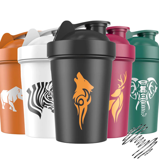 Set of colorful shaker bottles with animal-themed designs on a white background