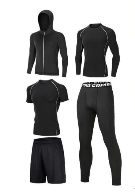 Set of black compression clothing including a hoodie, t-shirt, pants, and shorts on a white background.