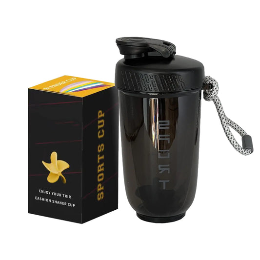 Black shaker cup with chain and packaging on a white background