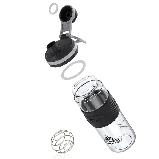 Clear water bottle with black cap and additional components on a white background