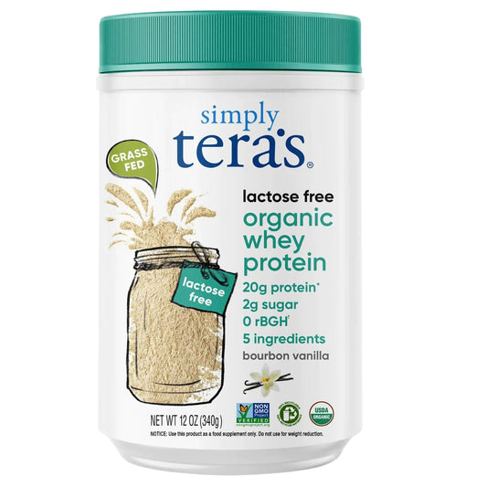 Container of simply tera's lactose-free organic whey protein on a white background