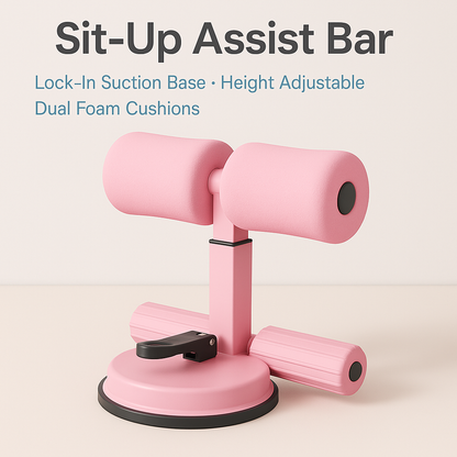 Pink sit-up assist bar with suction base on a beige background