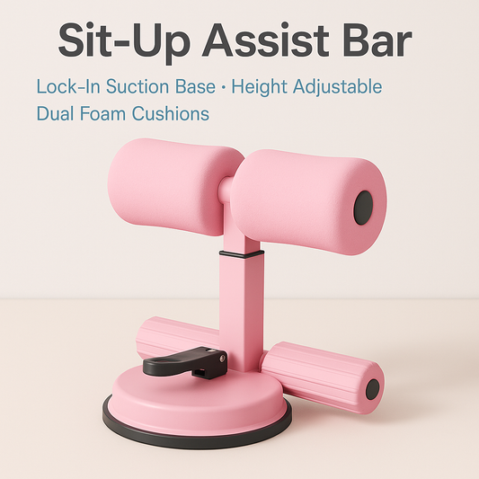 Pink sit-up assist bar with suction base on a beige background