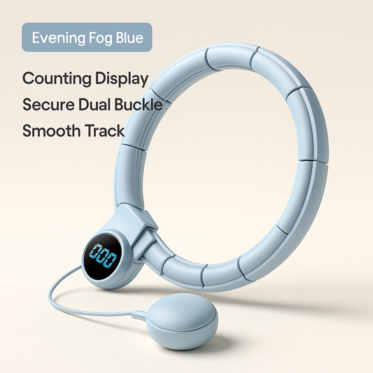 Blue fitness tracker with digital display on a beige background