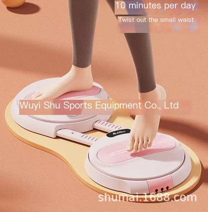 Person using a waist Twister machine with text about daily use on a peach-colored background.