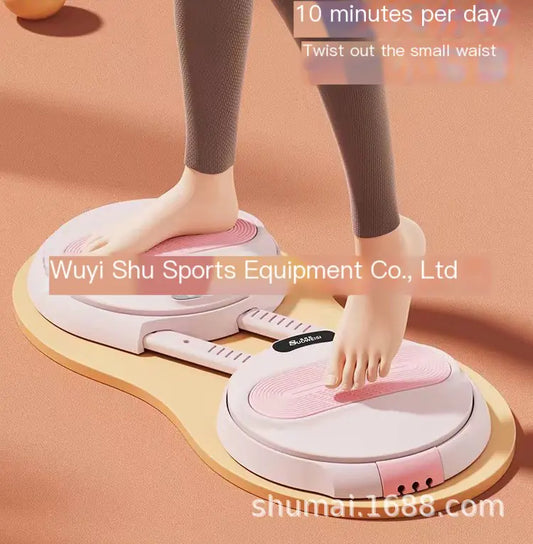 Person using a waist Twister machine with text about daily use on a peach-colored background.