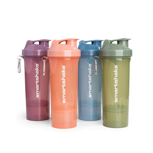 Four smartshake shakers in different colors on a white background