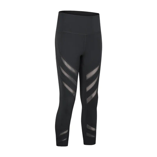 Black leggings with gray mesh panels on a white background