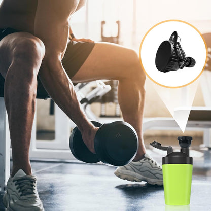 Person lifting weights with a close-up of gym equipment and a green shaker bottle.