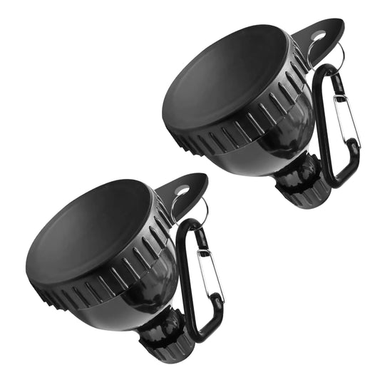 Two black plastic bottles with carabiners on a white background