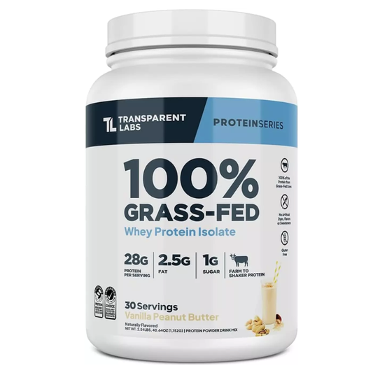 Transparent Labs 100% Grass-Fed protein powder container on a white background
