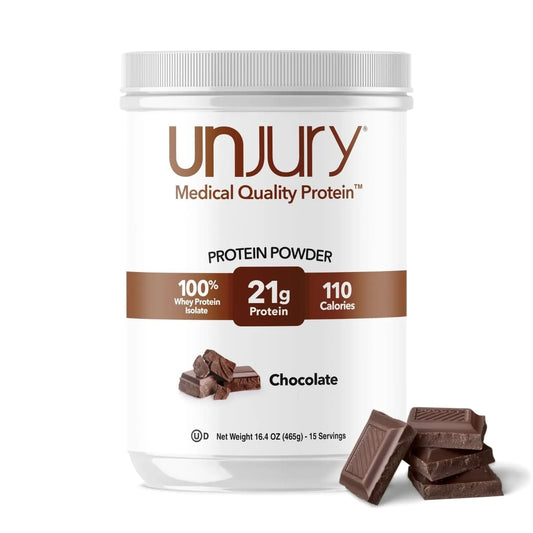 Unjury Medical Quality Protein powder container with chocolate flavor indication on a white background