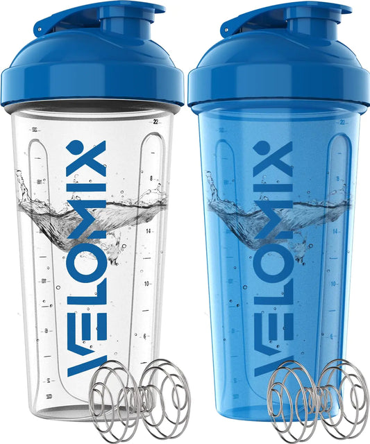 Two blue and clear shaker bottles with 'VELOX' branding on a white background.