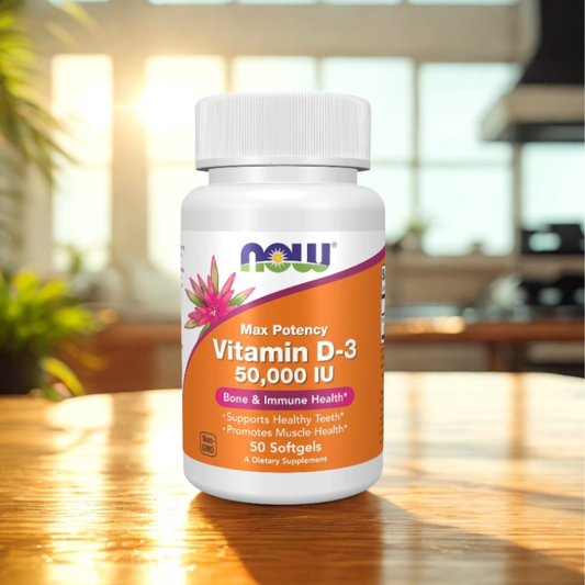 Vitamin D3 supplement bottle on a wooden surface with a blurred kitchen background