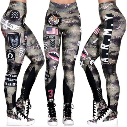 Camouflage leggings with various designs and text, worn with sneakers.
