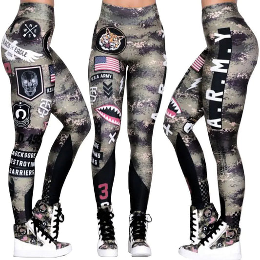 Camouflage leggings with various designs and text, worn with sneakers.