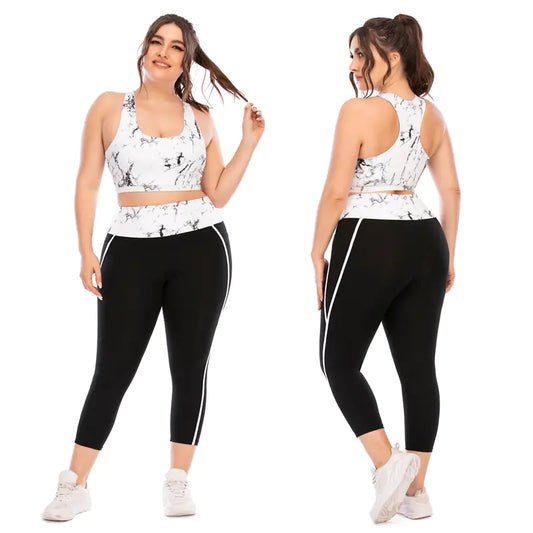 Woman wearing a white sports bra and black leggings with white stripes, shown from front and back on a white background.