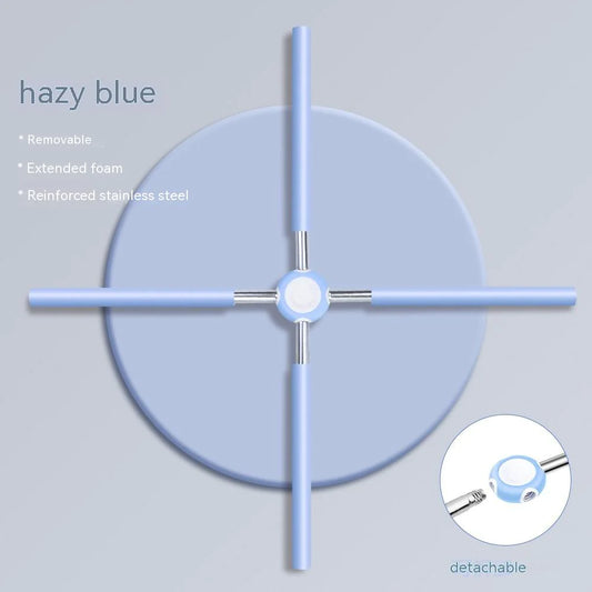 Hazy blue cleaning tool with features listed on a light gray background