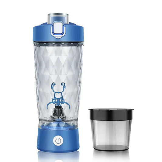 Blue and clear portable blender on a white background