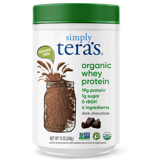 Container of Simply Tera's organic whey protein with a green lid on a white background