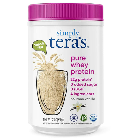 Container of Simply Tera's pure whey protein powder with a pink lid on a white background