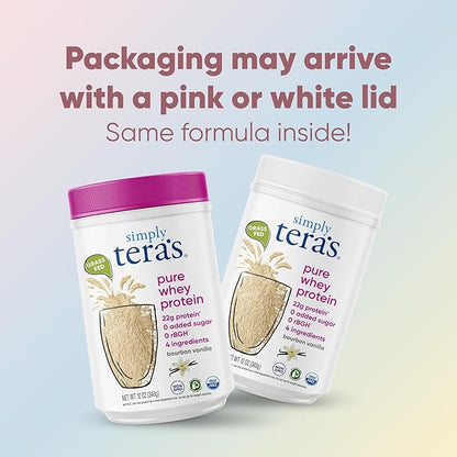 Two containers of Simply Tera's pure whey protein with text about packaging variations.