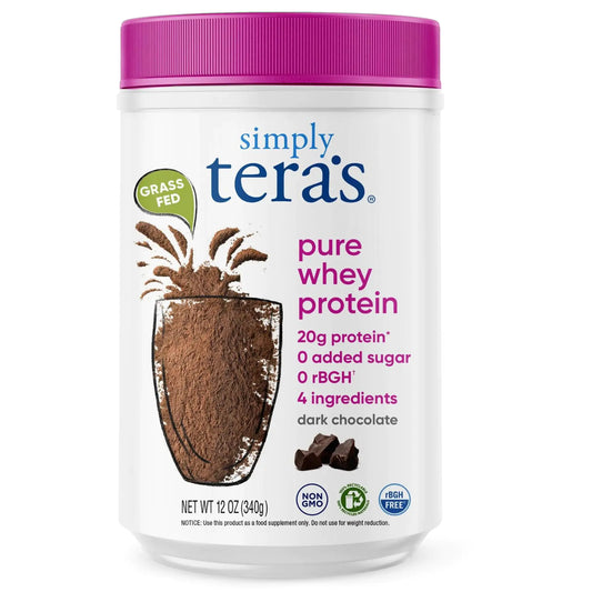 Container of Simply Tera's pure whey protein powder with a purple lid on a white background